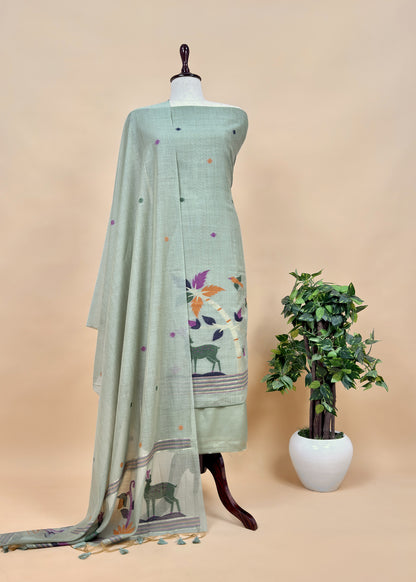 Green Linen Chanderi Suit With Jamdani Weaving