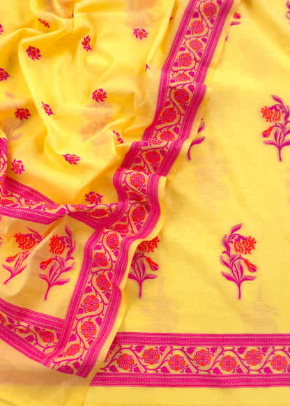 Yellow Handloom Banarasi Suit With Meenakari Weaving