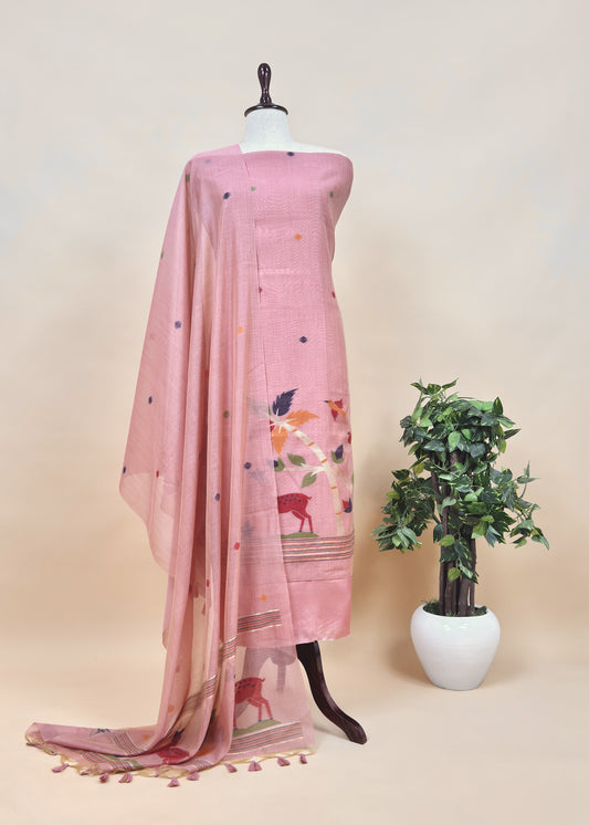 Pink Linen Chanderi Suit With Jamdani Weaving