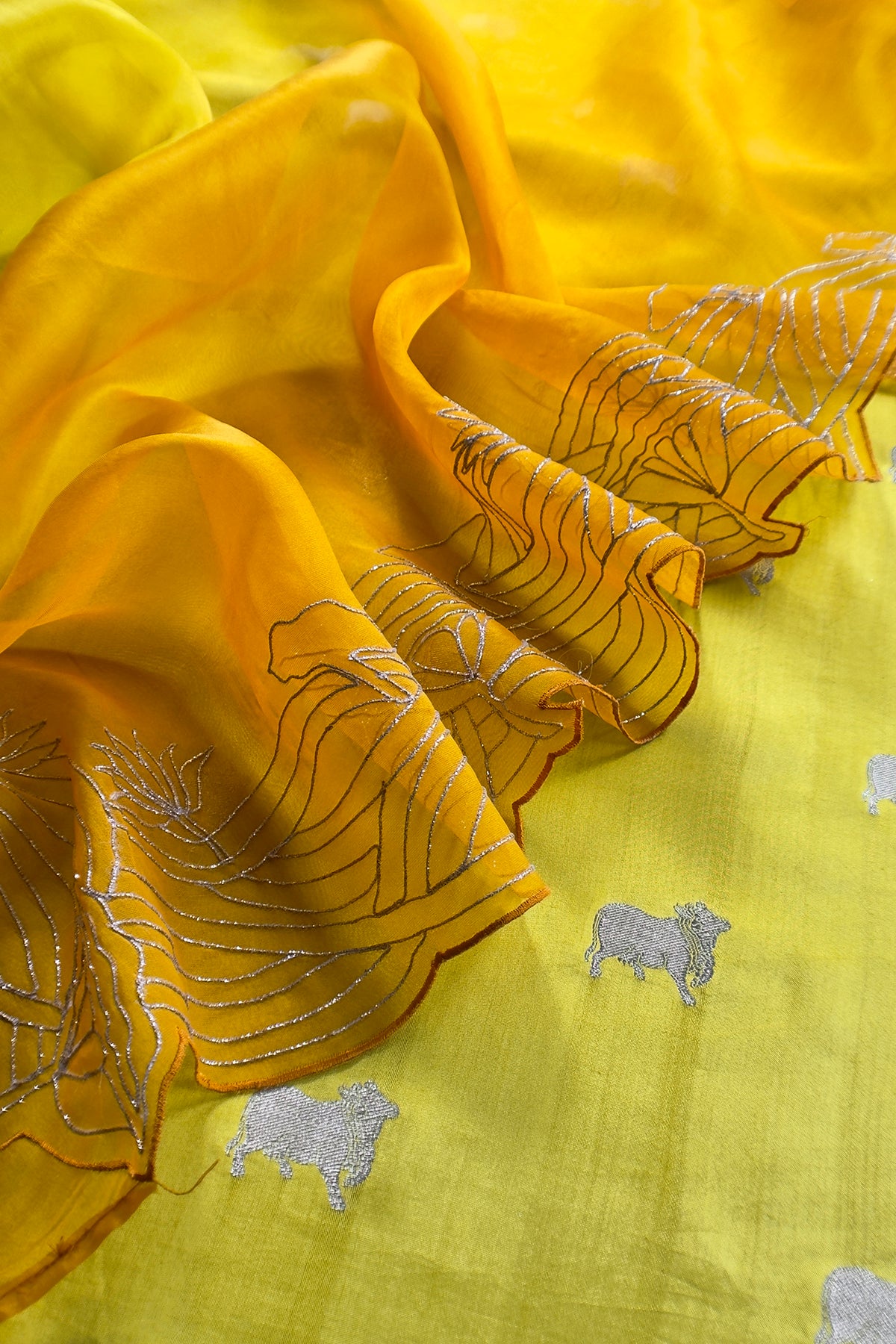Lemom Yellow Pure Chiniya Silk Kurta And Ombré Kora Silk Dupatta With Handwork