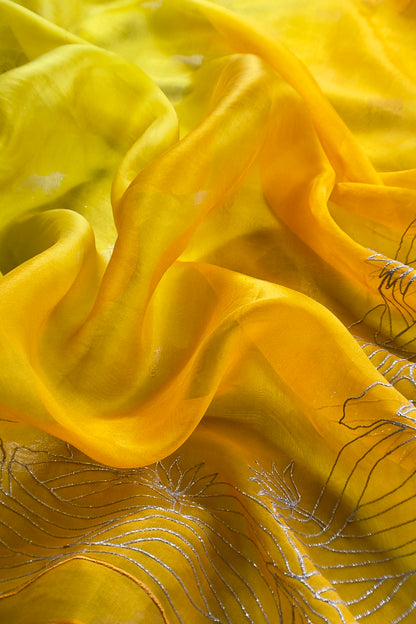 Lemom Yellow Pure Chiniya Silk Kurta And Ombré Kora Silk Dupatta With Handwork