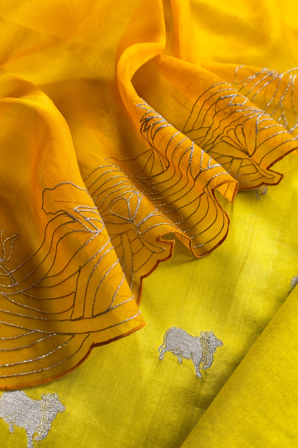 Lemom Yellow Pure Chiniya Silk Kurta And Ombré Kora Silk Dupatta With Handwork
