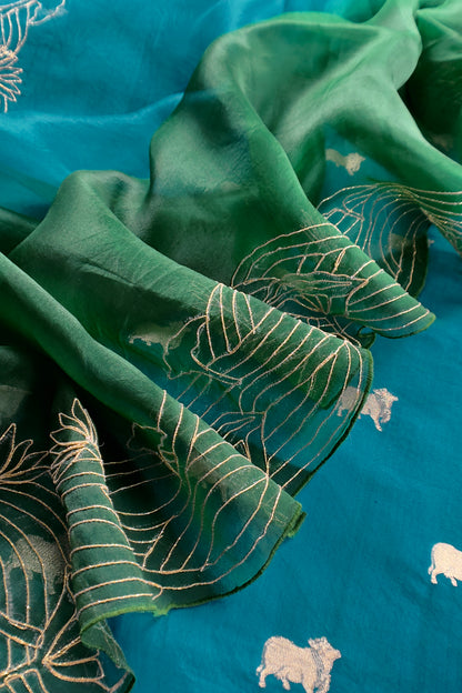 Teal Blue Pure Chiniya Silk Kurta And Ombré Kora Silk Dupatta With Handwork