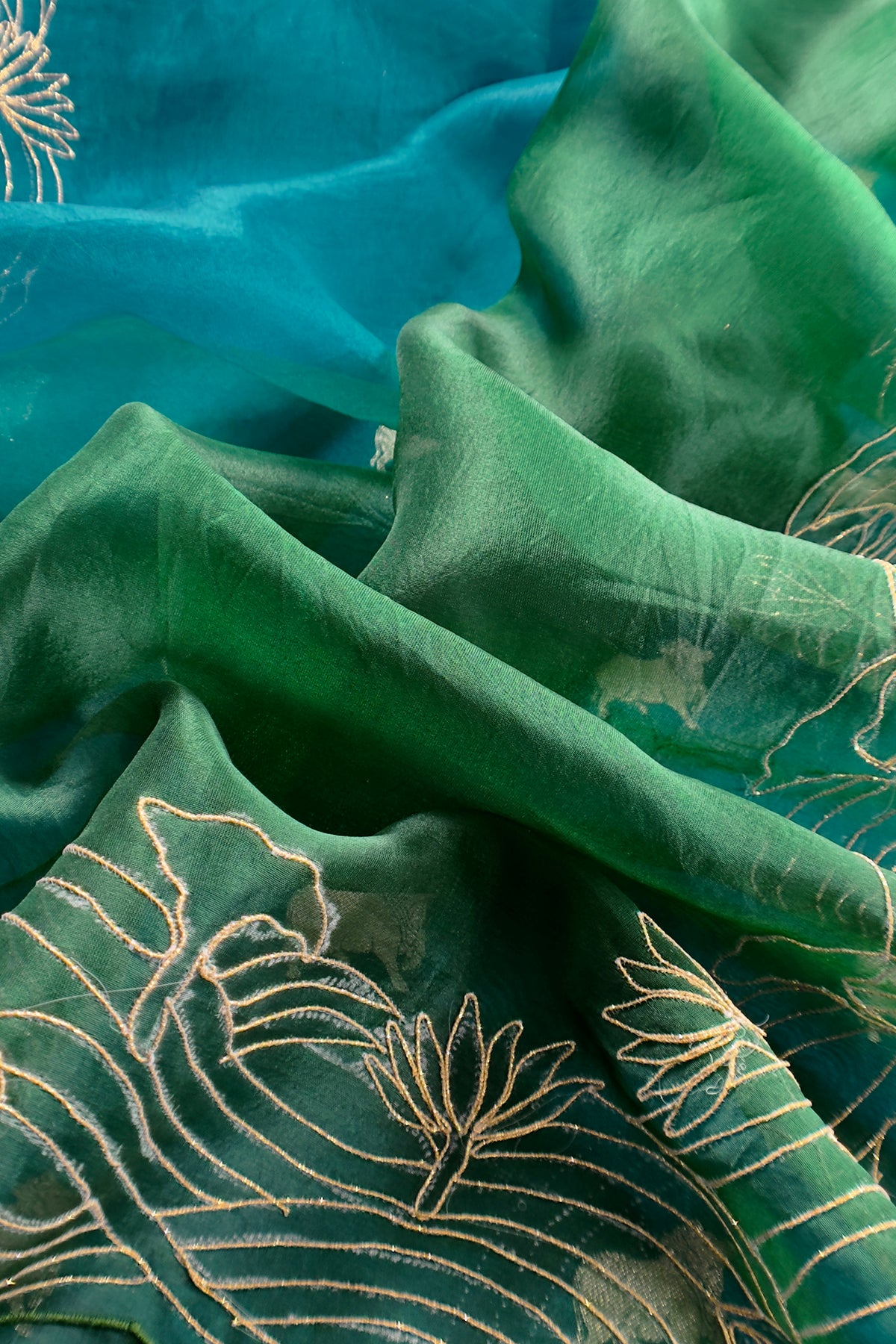 Teal Blue Pure Chiniya Silk Kurta And Ombré Kora Silk Dupatta With Handwork