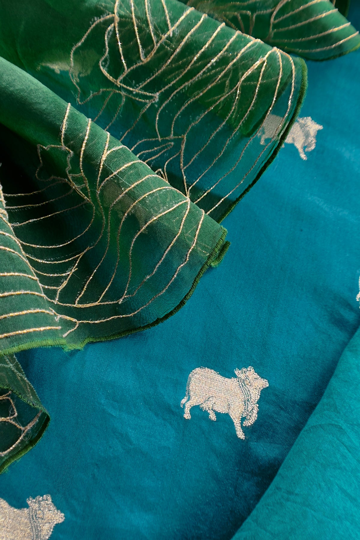 Teal Blue Pure Chiniya Silk Kurta And Ombré Kora Silk Dupatta With Handwork