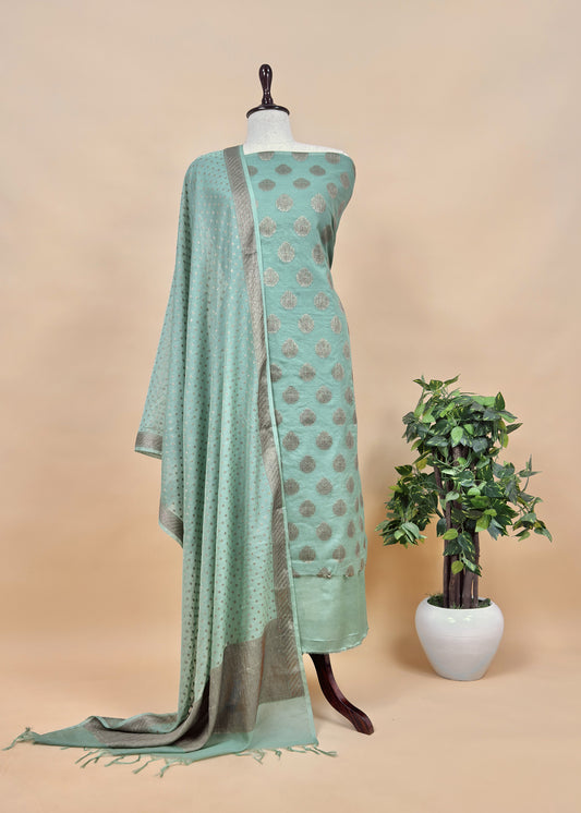Green Banarasi Silk Suit fabric with Zari weaving