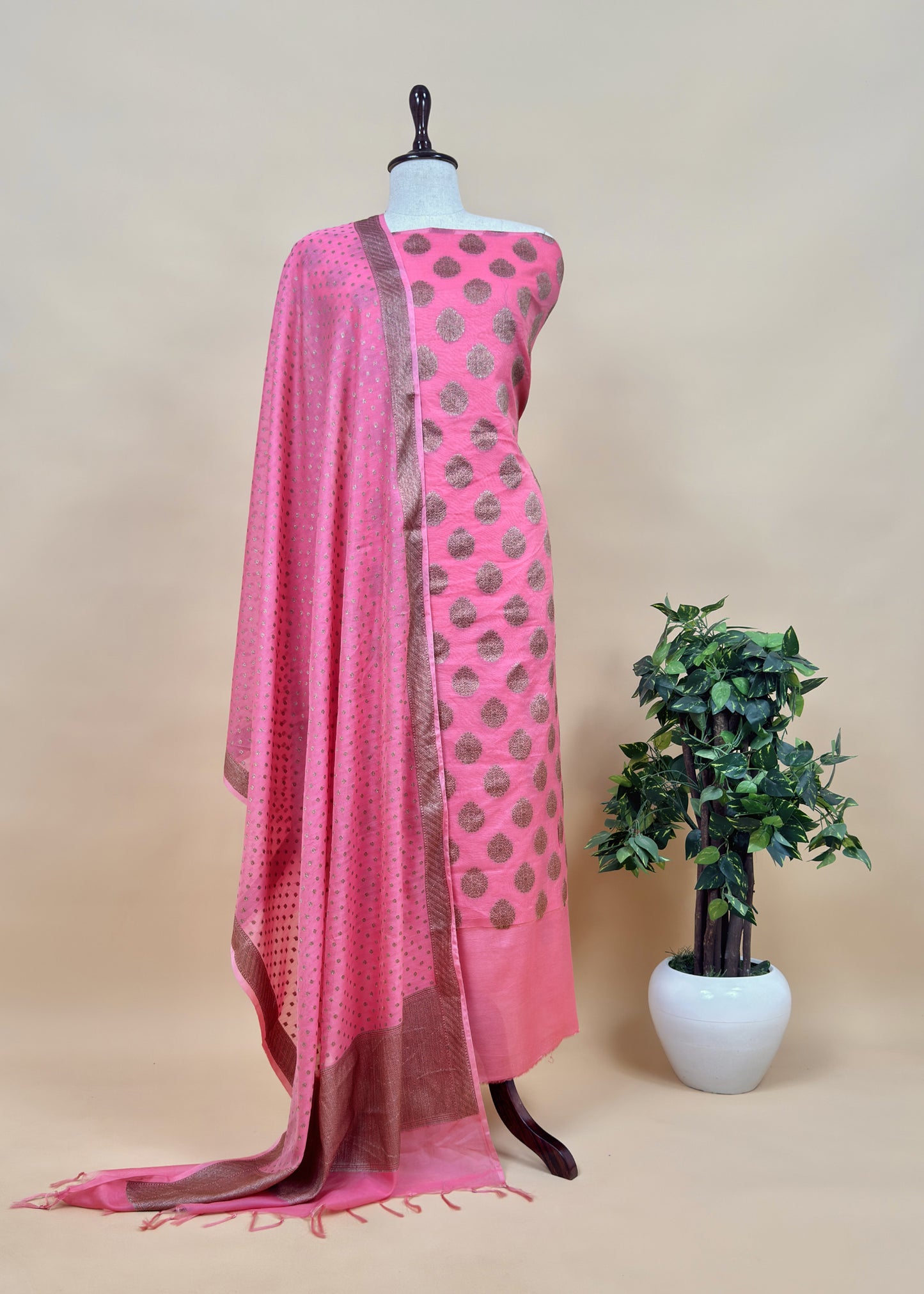 Peach Banarasi Silk Suit fabric with Zari weaving