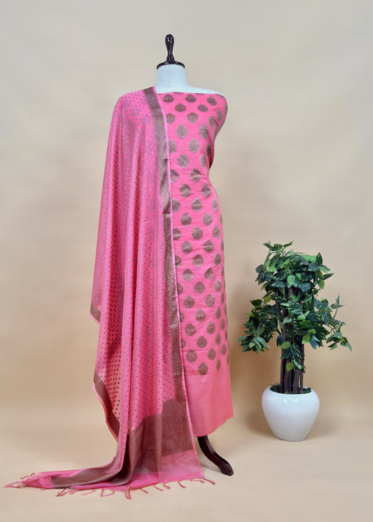 Pink Banarasi Silk Suit fabric with Zari weaving