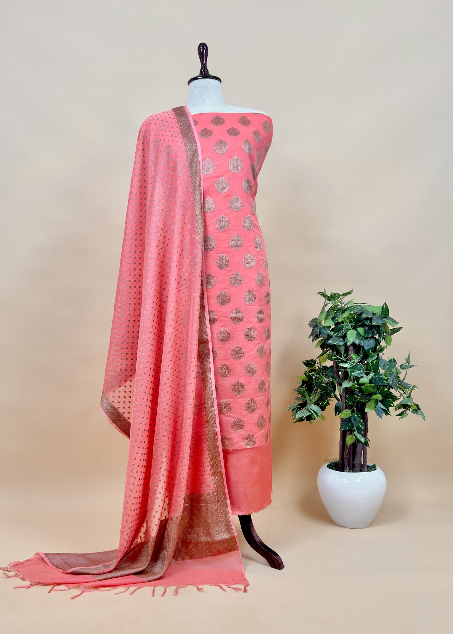 Peach Banarasi Silk Suit fabric with Zari weaving