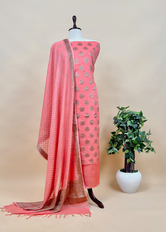 Peach Banarasi Silk Suit fabric with Zari weaving