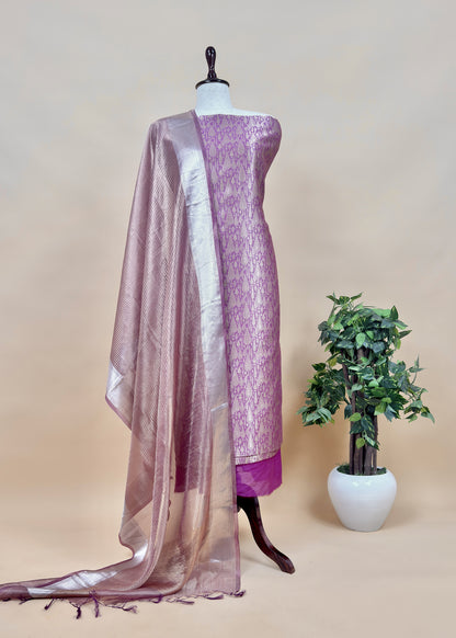 Prussian Pink Brocade Silk Kurta and Tissue Silk Gold Striped Dupatta