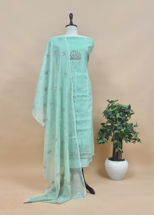 Pastel Green Linen Suit Fabric With Embroidery
