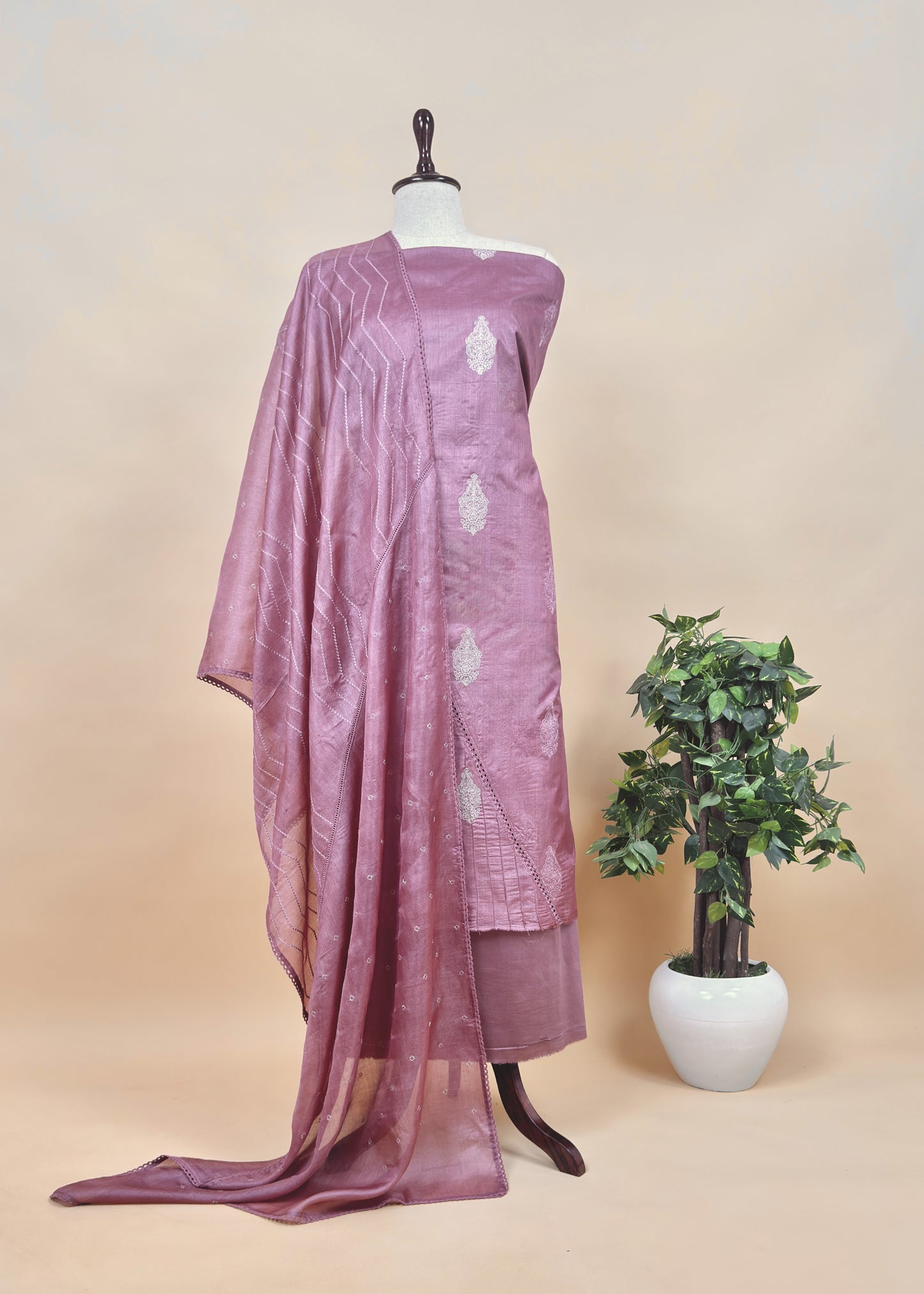 Dusty Mauve Designer Handloom Desi Tussar Suit Fabric With Embroidery