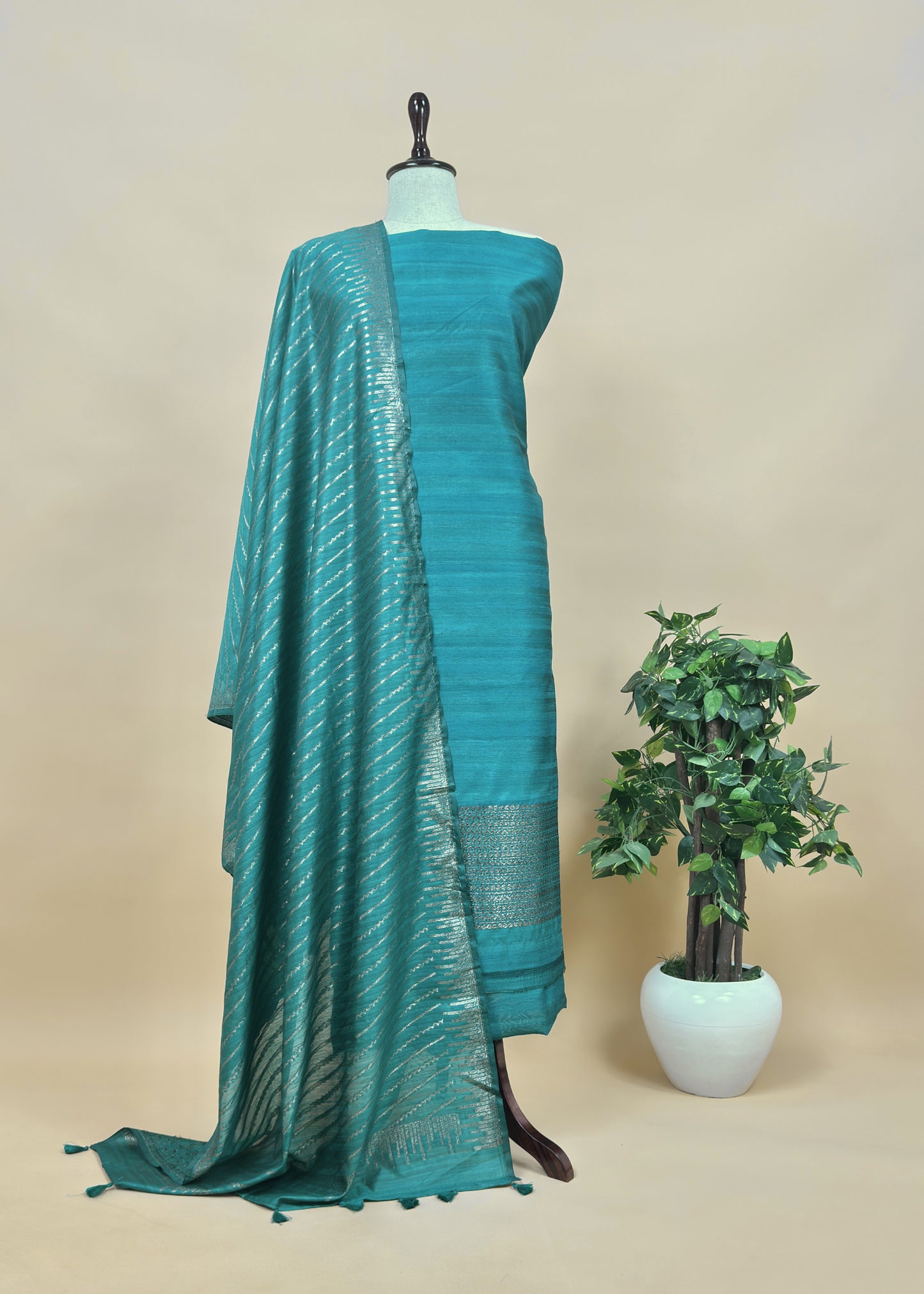 Pine Green Raw silk Suit fabric with Zari weaving
