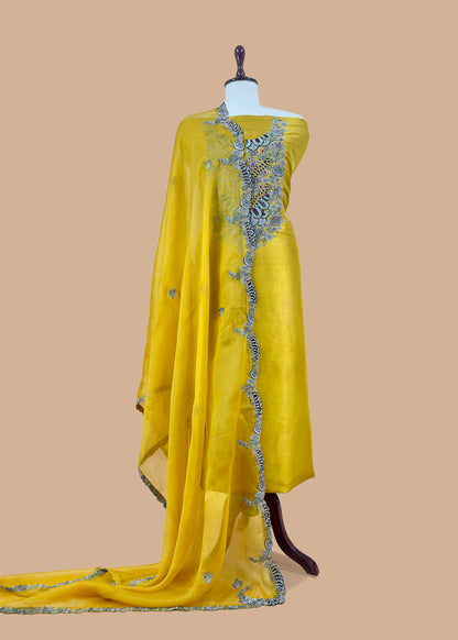 Luxe Yellow Green Dupion Silk Kurta And Kora Silk Dupatta With Designer Dabka Dori Hand Work With Woven Details