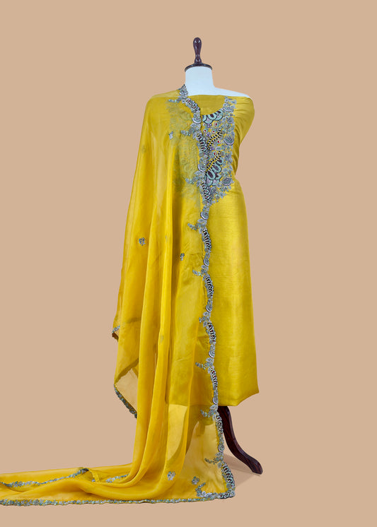 Luxe Yellow Green Dupion Silk Kurta And Kora Silk Dupatta With Designer Dabka Dori Hand Work With Woven Details