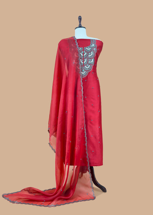 Burnt Red Varanasi Silk Kurta and Kora Silk dupatta with  Dabka Dori Hand work with Woven details