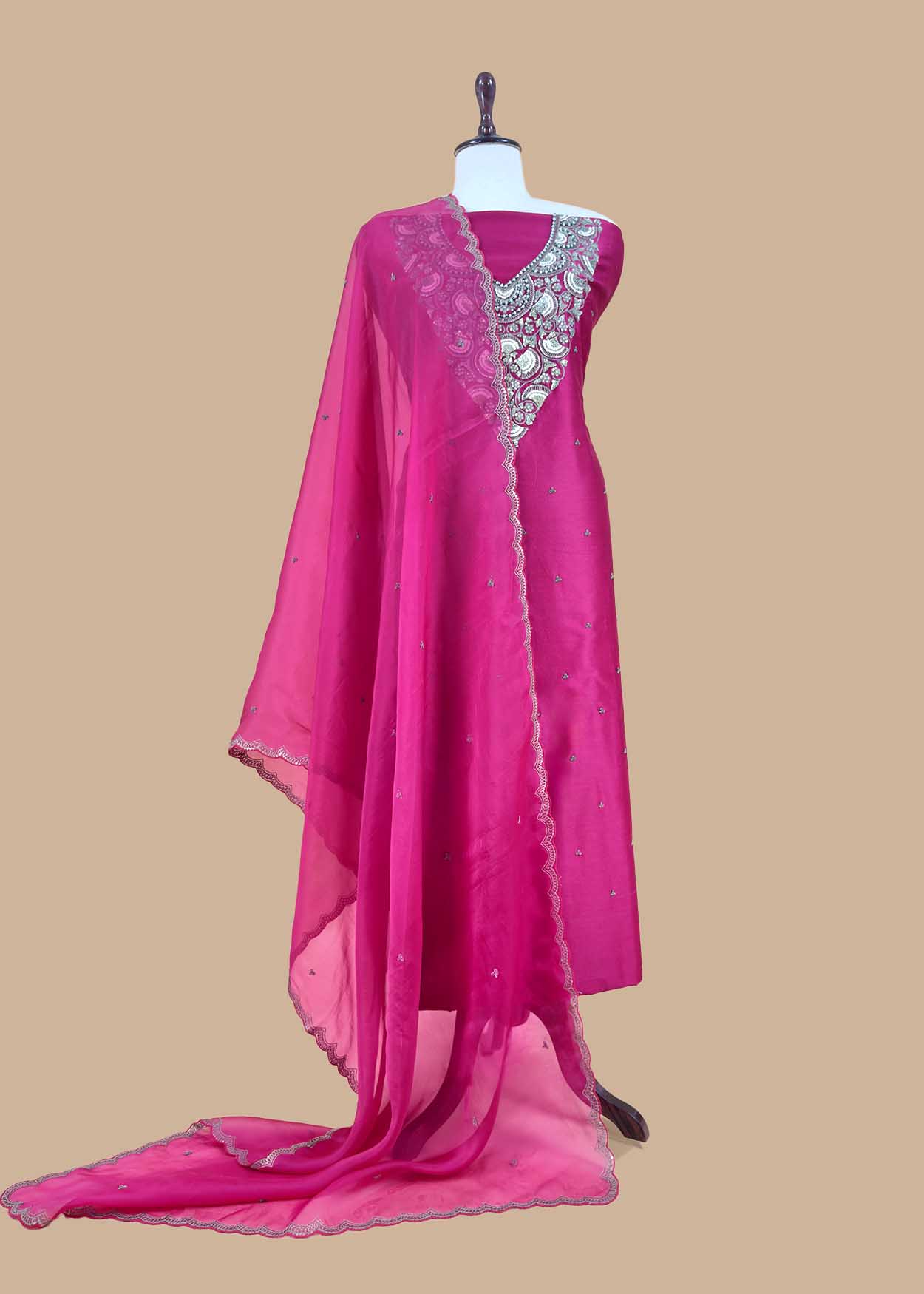 Rani Sa Varanasi Silk Kurta And Kora Silk Dupatta With  Dabka Dori Hand Work With Woven Details