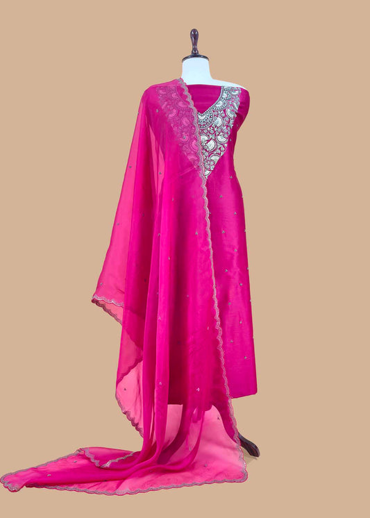 Rani Sa Varanasi Silk Kurta And Kora Silk Dupatta With  Dabka Dori Hand Work With Woven Details
