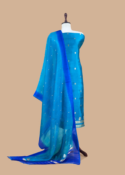 Ocean Blue Handloom Silk Kurta And Kora Silk Dupatta With Sona Rupa Kadwa Weaving