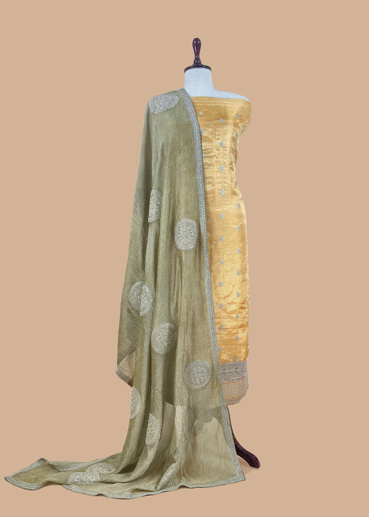 Yellow Green Tissue Silk Kurta And Crushed Tissue Silk Dupatta With Embroidery