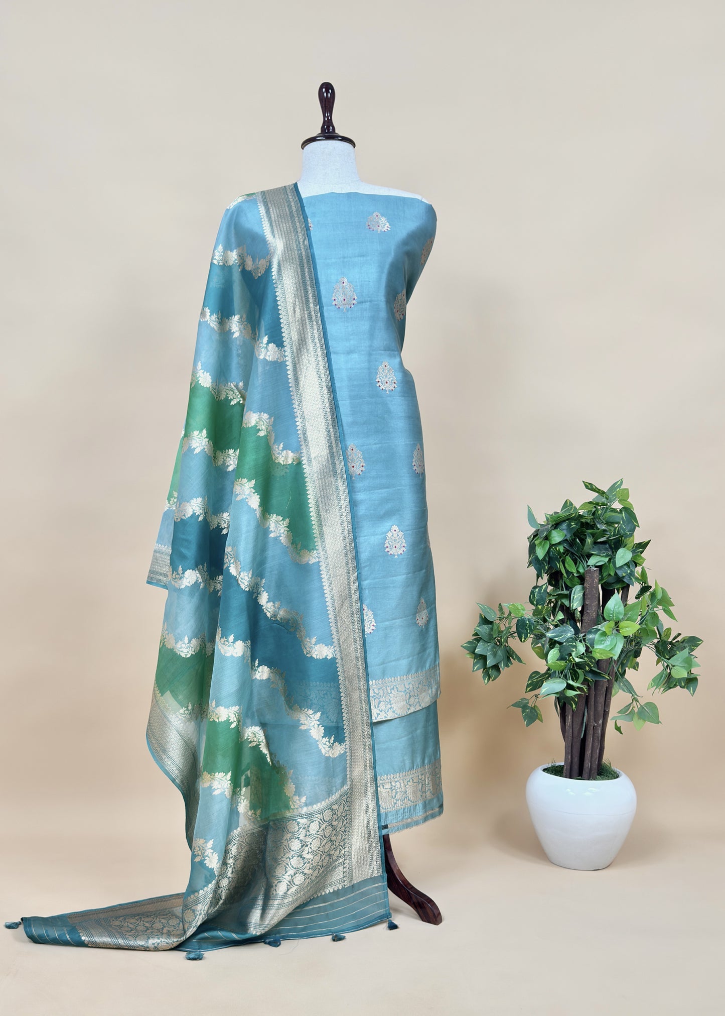 Pastel Blue Handloom Silk Kurta And Rangkaat Kora Silk Dupatta With Meenakari Kadwa Weaving