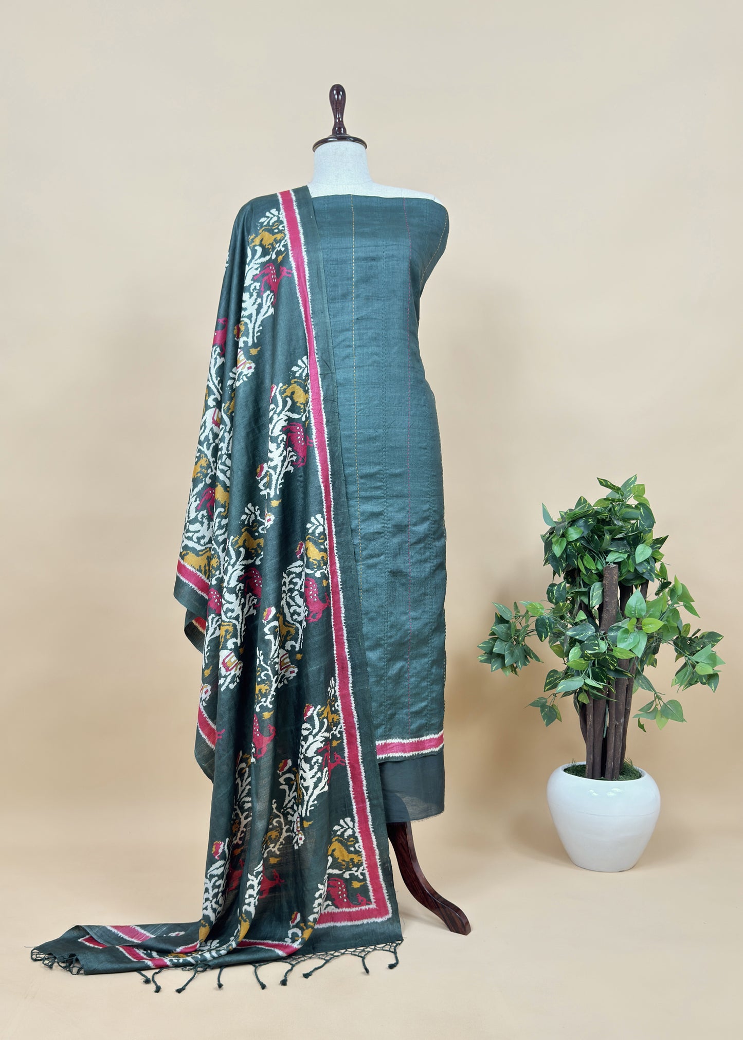 Dark Green Patola Handloom Munga Tussar Suit Fabric With Kantha Stitch Embroidery