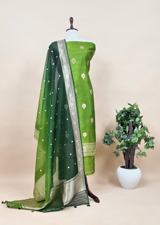 Parrot Green Handloom Banarasi Silk Kurta And Kora Silk Dupatta With Kadwa Meenakari Weaving