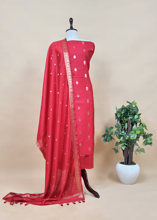 Red Handloom Munga Silk Suit With Zari Weaving