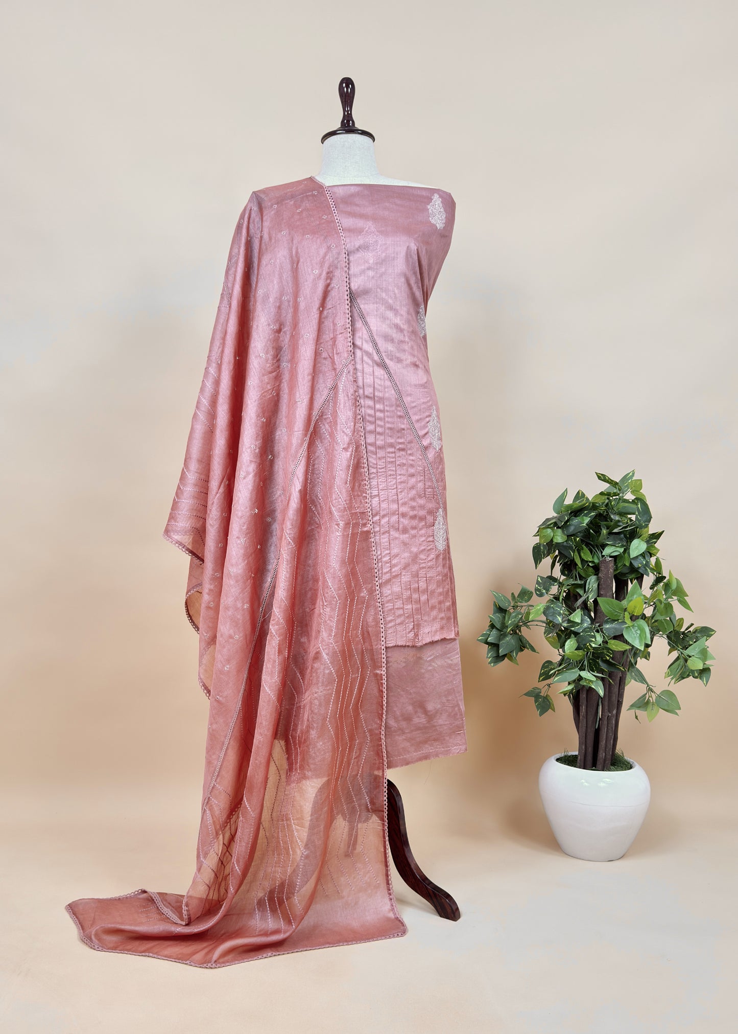 Dusty Mauve Designer Handloom Desi Tussar Suit Fabric With Embroidery