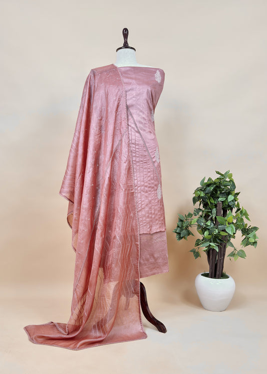 Dusty Mauve Designer Handloom Desi Tussar Suit Fabric With Embroidery