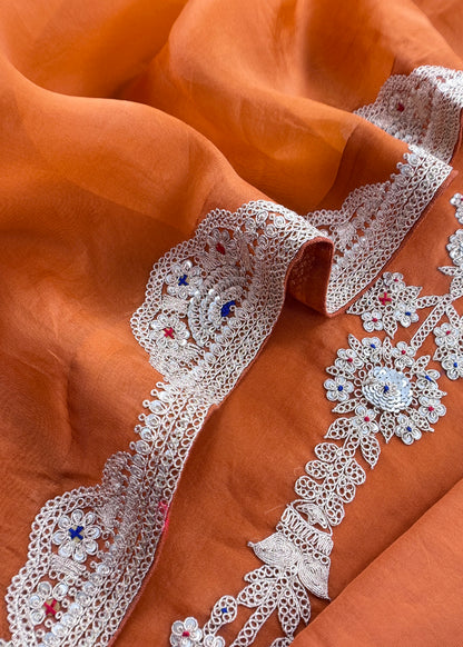 Rust Orange Handloom Kora Silk Suit Fabric With Dori Hand Embroidery