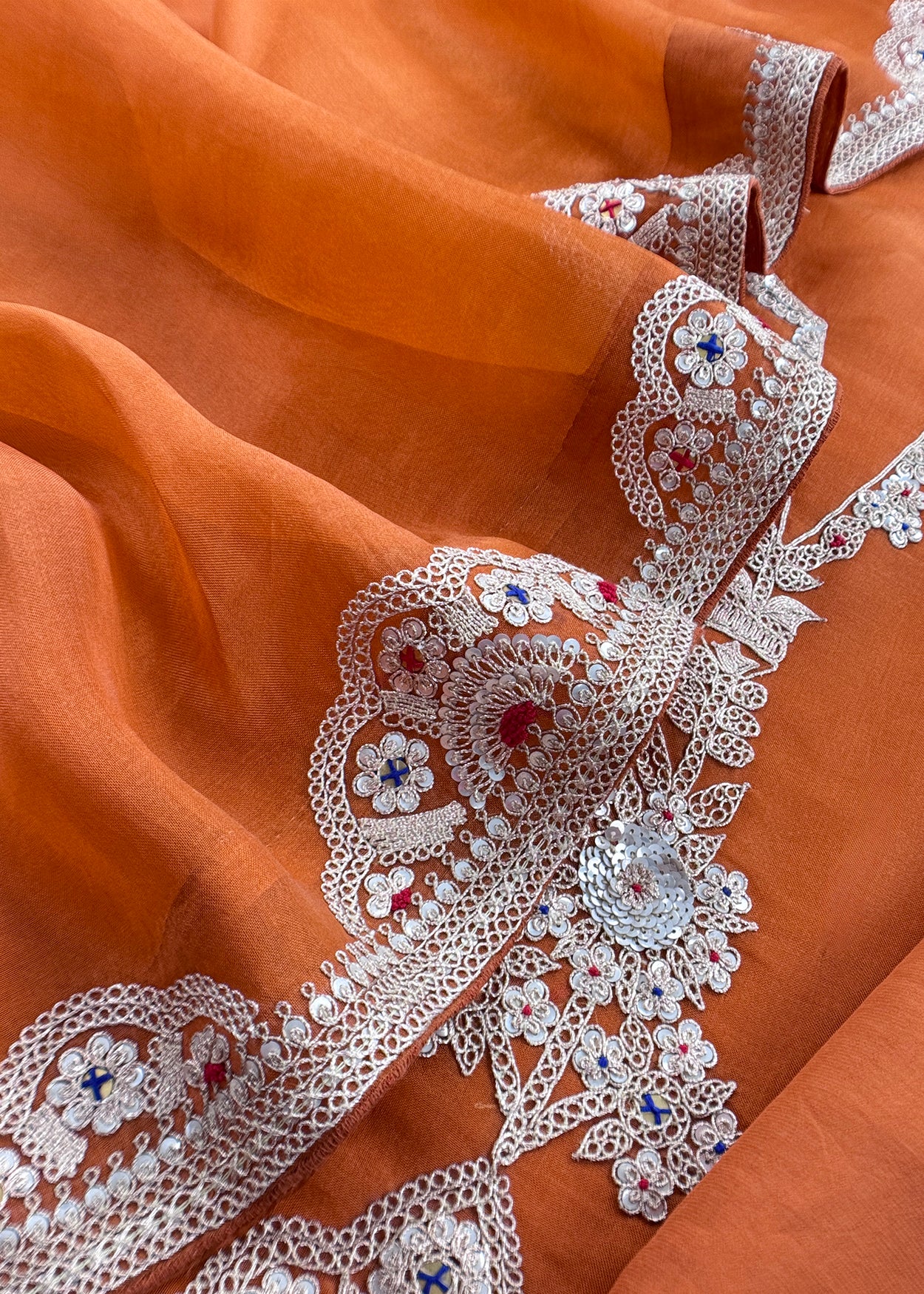 Rust Orange Handloom Kora Silk Suit Fabric With Dori Hand Embroidery