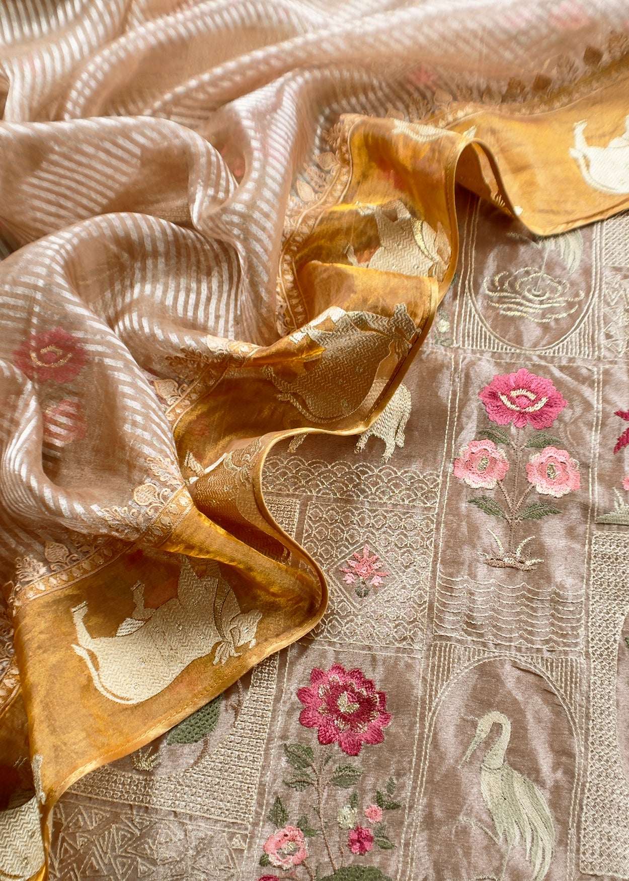 Festive wear tissue silk unstitched suit with brush-print dupatta

