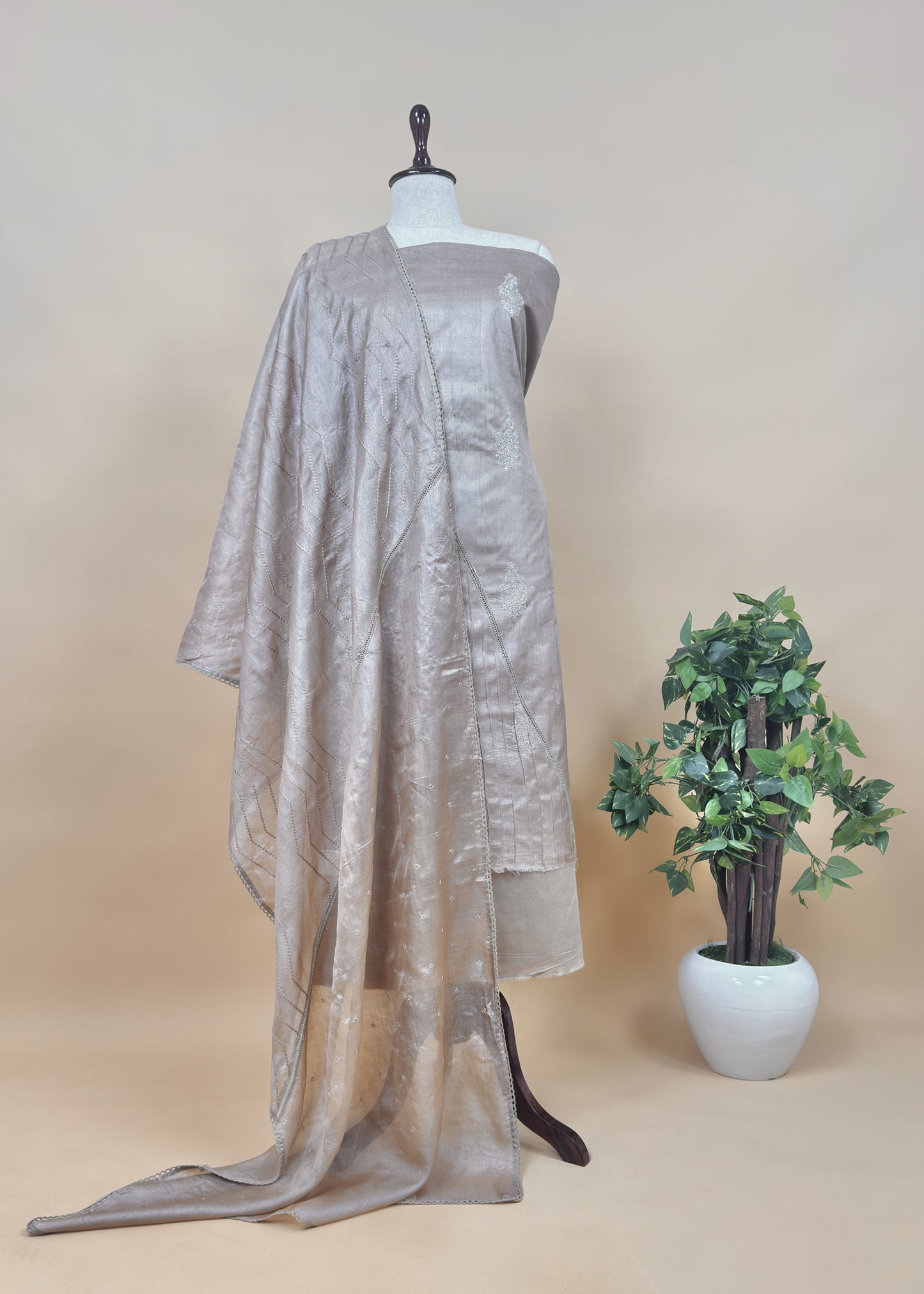 Dusty Mauve Designer Handloom Desi Tussar Suit Fabric With Embroidery