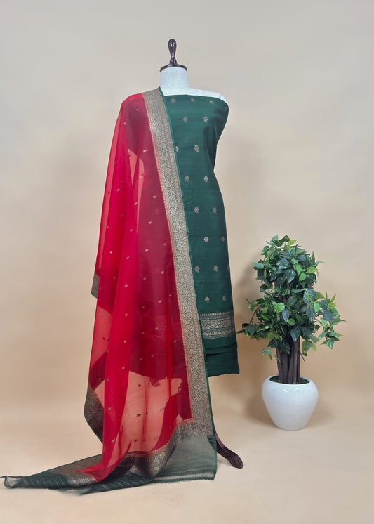Green and Red Handloom Raw Silk Kurta and Kora Silk Dupatta with Gold Kadwa Weaving