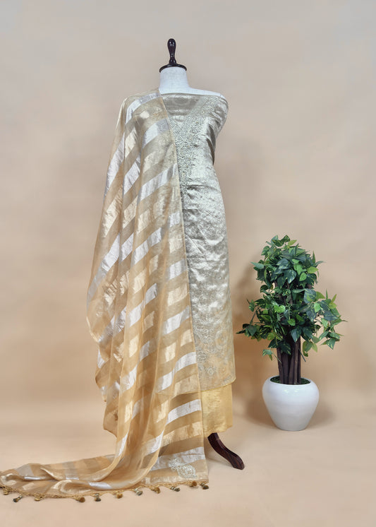 Beige yellow Handloom Brocade Tissue Silk Suit With Dabka, Dori, Zardosi Handwork