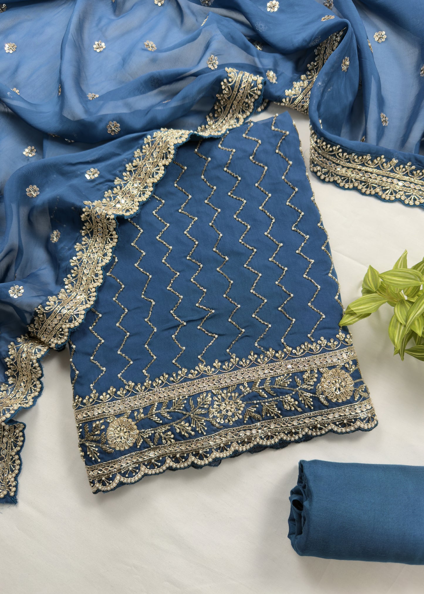 Blue Organza Unstitched Embroidered Silk Suit