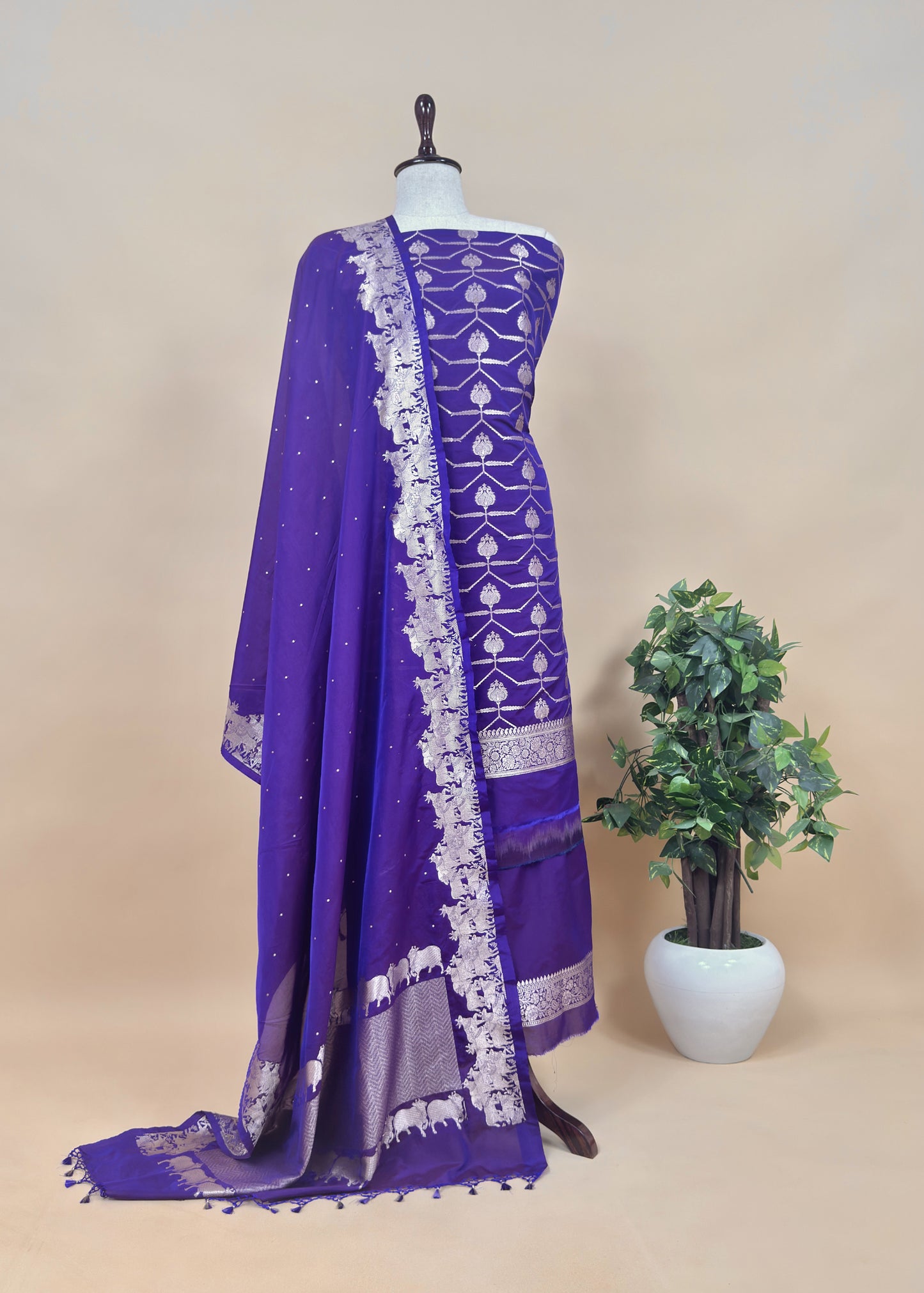 Red Katan Silk Suit Fabric With Gold Zari Pichwai Weaving