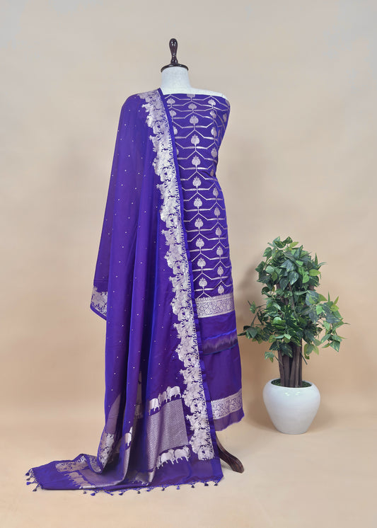 Blue Katan Silk Suit Fabric With Gold Zari Pichwai Weaving