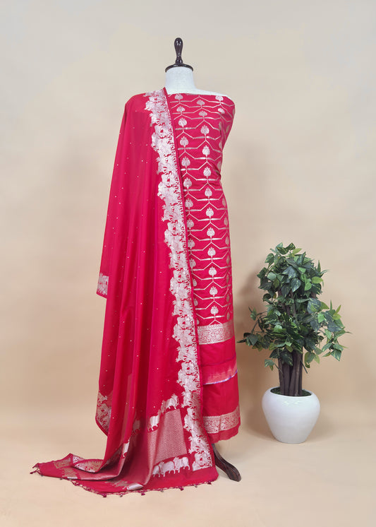 Red Katan Silk Suit Fabric With Gold Zari Pichwai Weaving