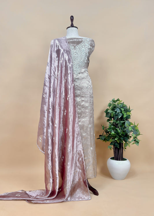 Pink Handloom Brocade Tissue Silk Suit With Dabka, Dori, Zardosi Handwork