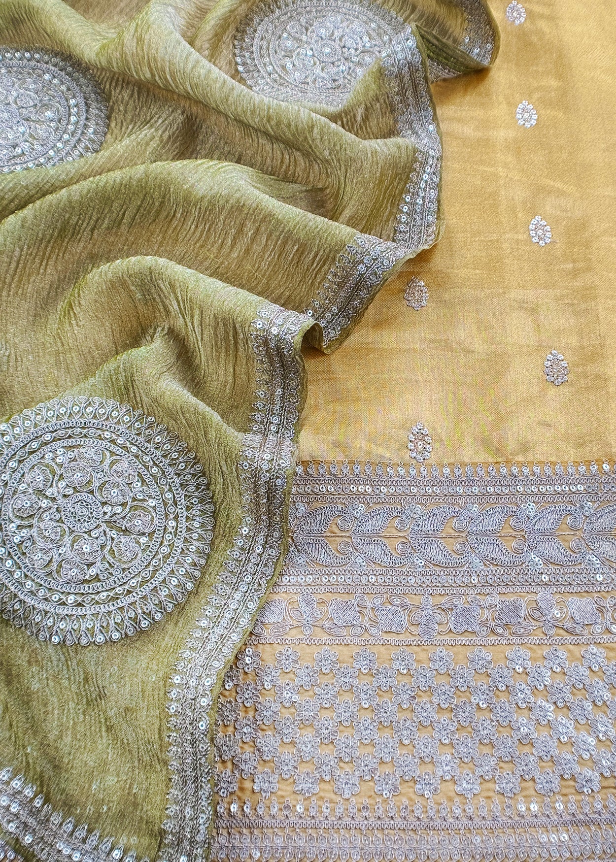 Yellow Green Tissue Silk Kurta And Crushed Tissue Silk Dupatta With Embroidery