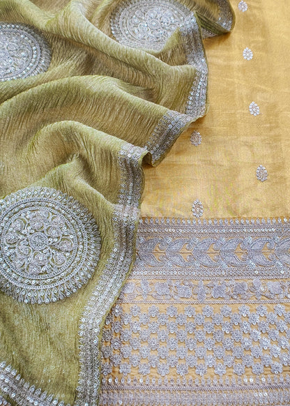 Yellow Green Tissue Silk Kurta And Crushed Tissue Silk Dupatta With Embroidery