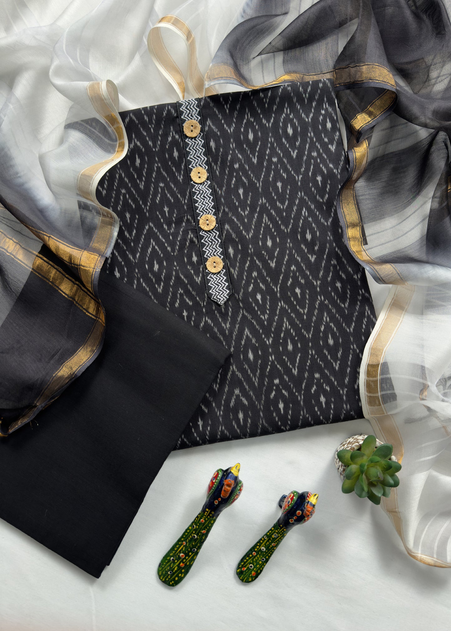 Black Ikkat Suit With  Maheshwari Kurta