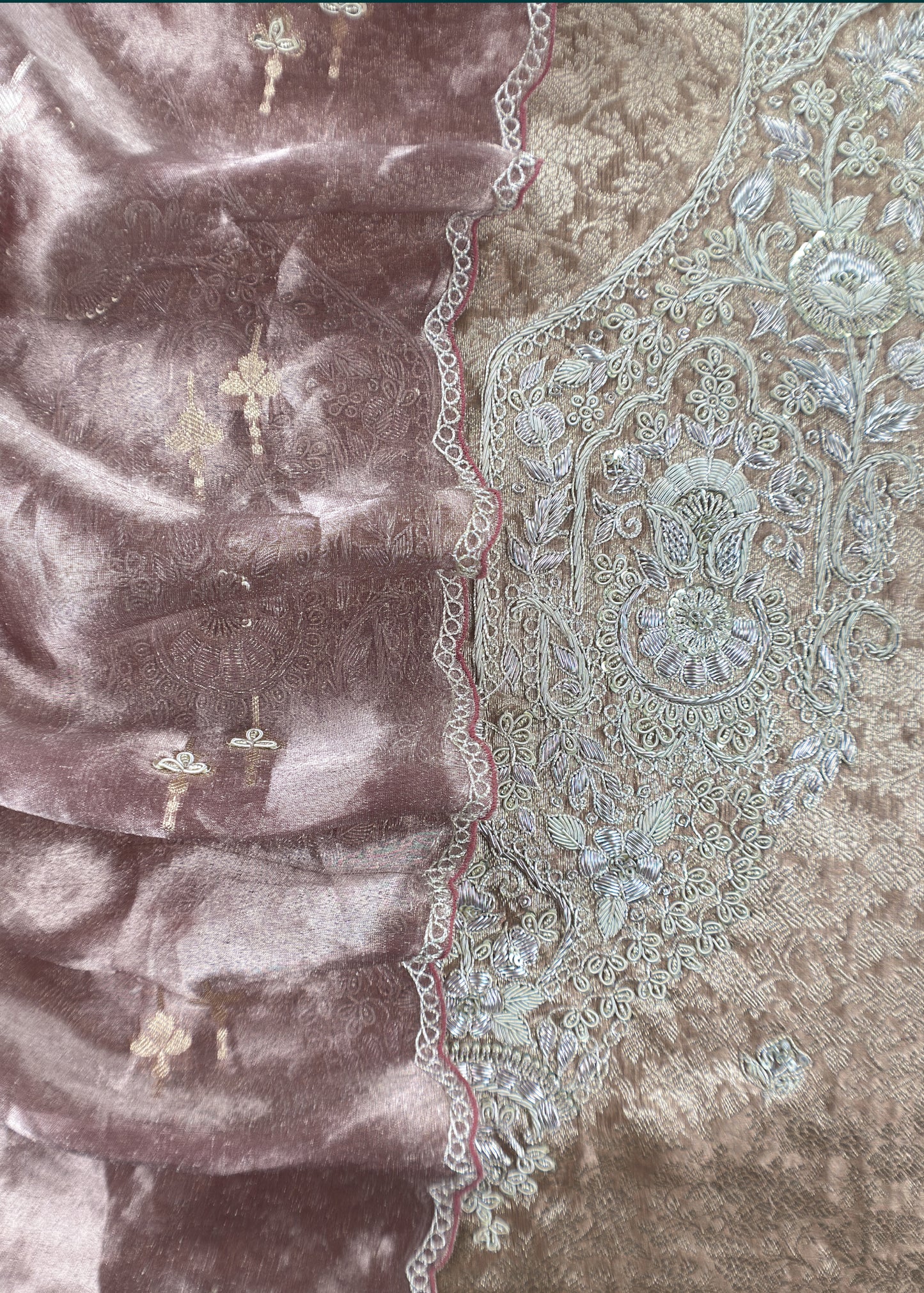 Pink Handloom Brocade Tissue Silk Suit With Dabka, Dori, Zardosi Handwork