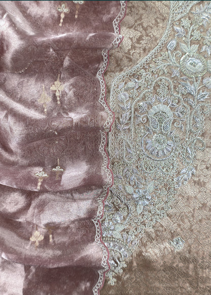 Pink Handloom Brocade Tissue Silk Suit With Dabka, Dori, Zardosi Handwork