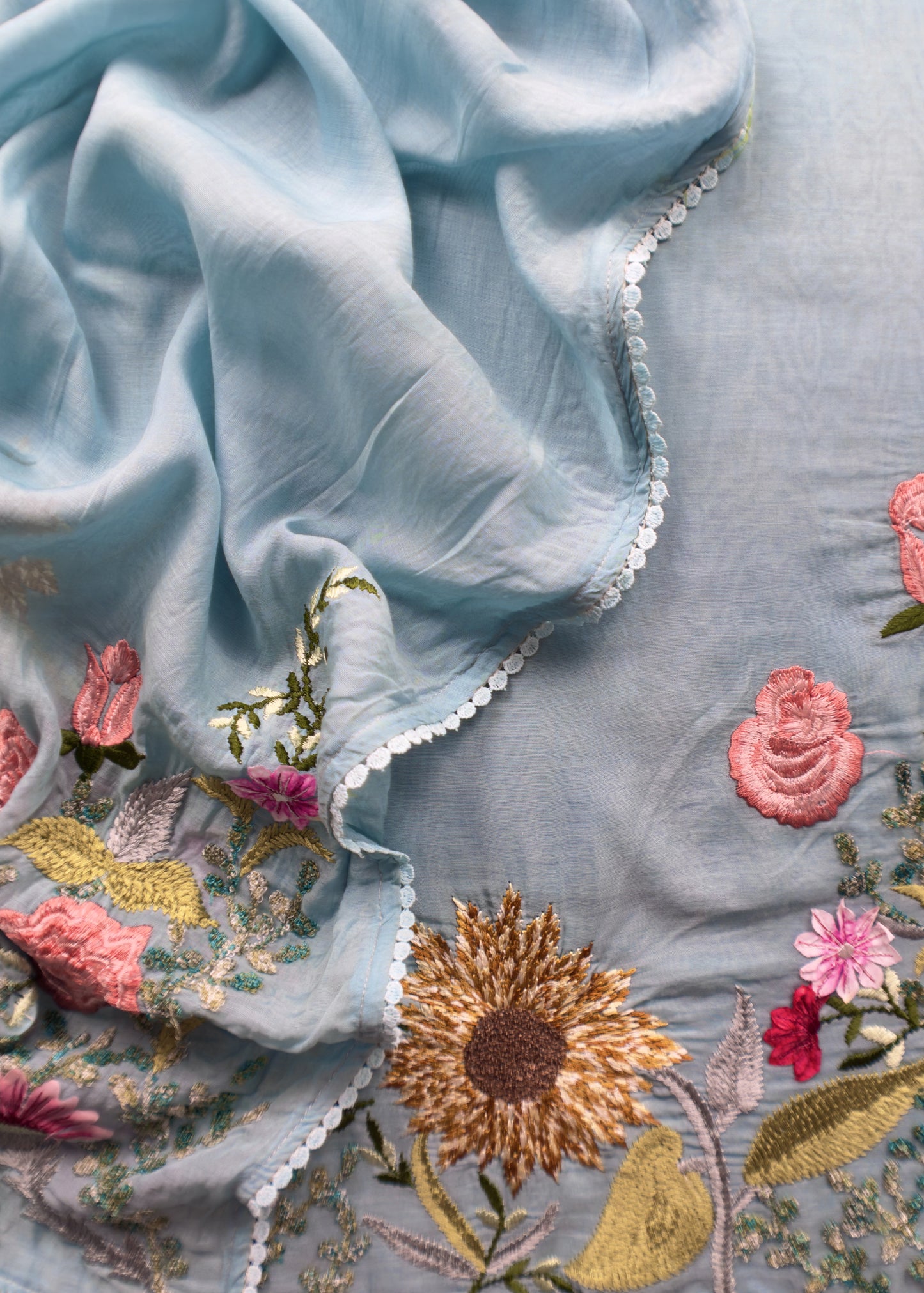 Ocean Blue Pure Mul Cotton Sunflower Suit With Resham Embroidery And Appliqué Work