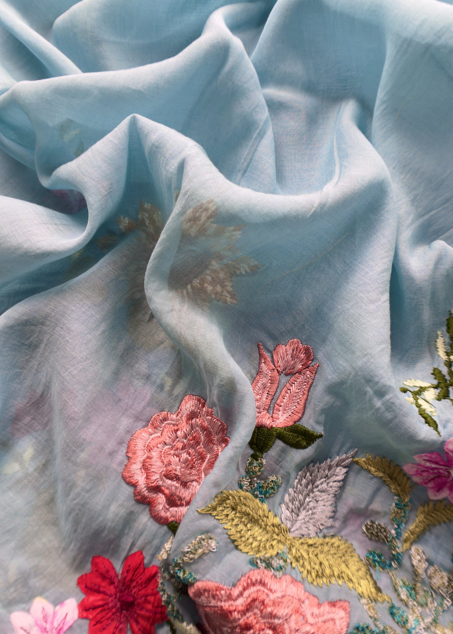 Ocean Blue Pure Mul Cotton Sunflower Suit With Resham Embroidery And Appliqué Work