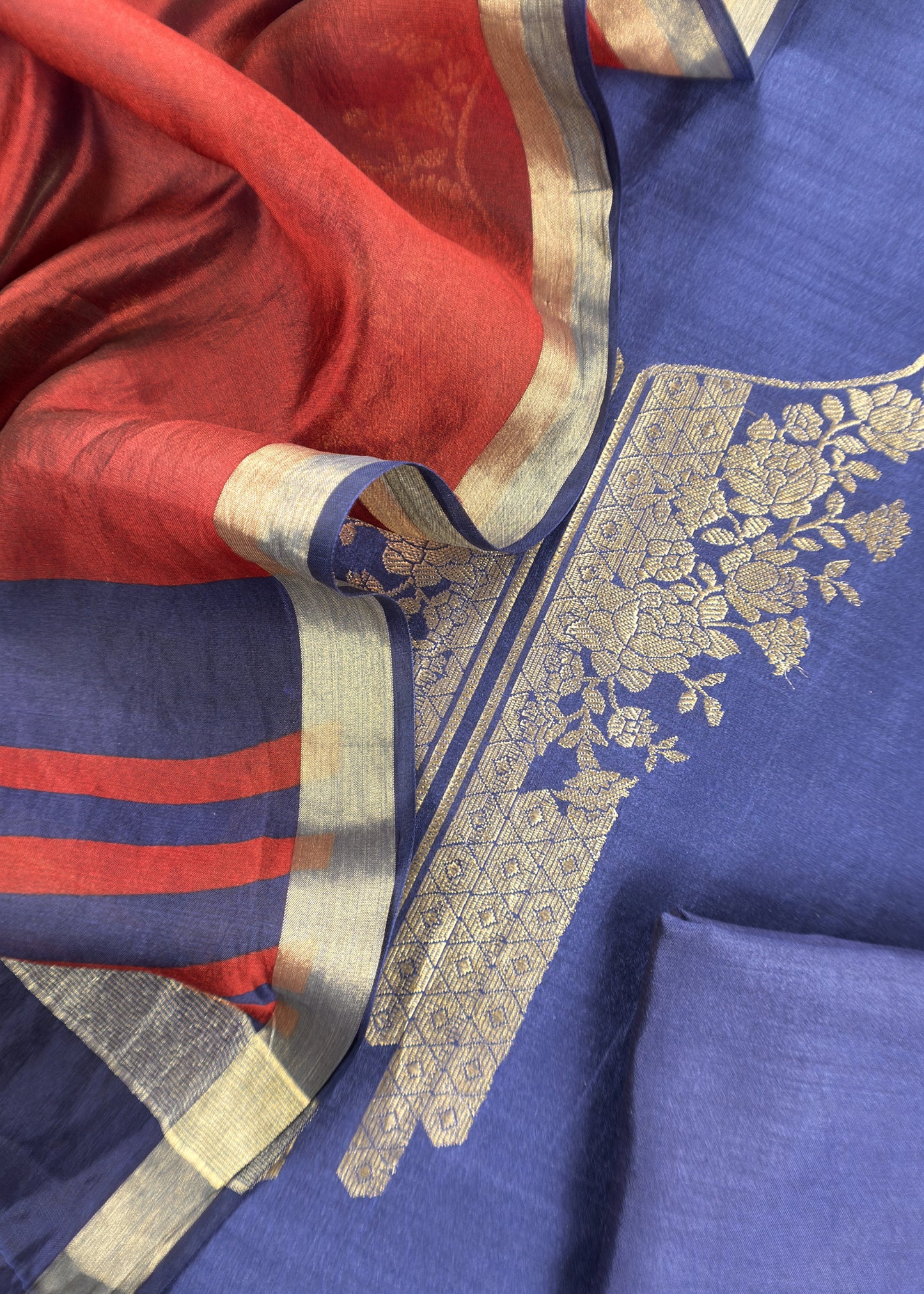 Blue And Maroon Handloom Unstitched Silk Suit With Kadwa Weaving